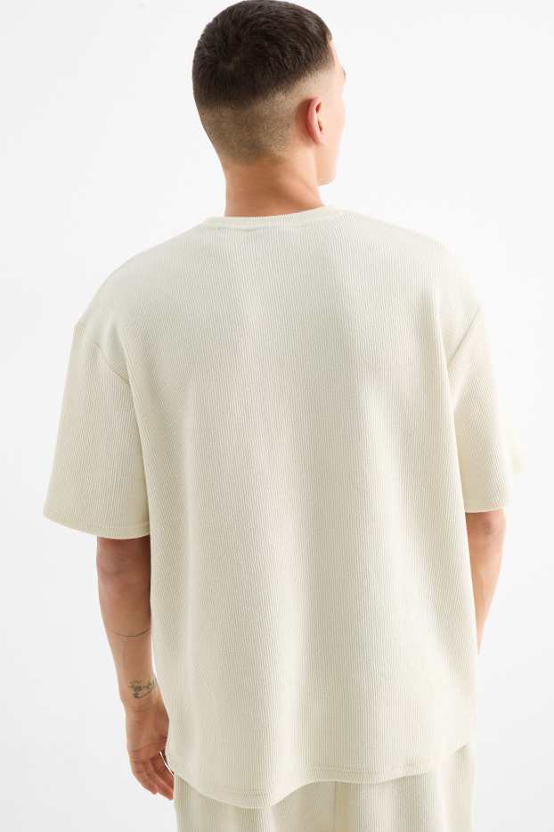 Pánské - Tričko - regular fit - žebrované - světle béžová