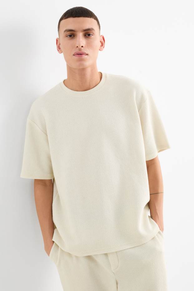 Pánské - Tričko - regular fit - žebrované - světle béžová