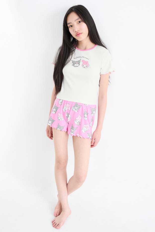 Kinderen: meisjes - Hello Kitty and Freinds - shortama - ribstof - 2-delig - fuchsiarood