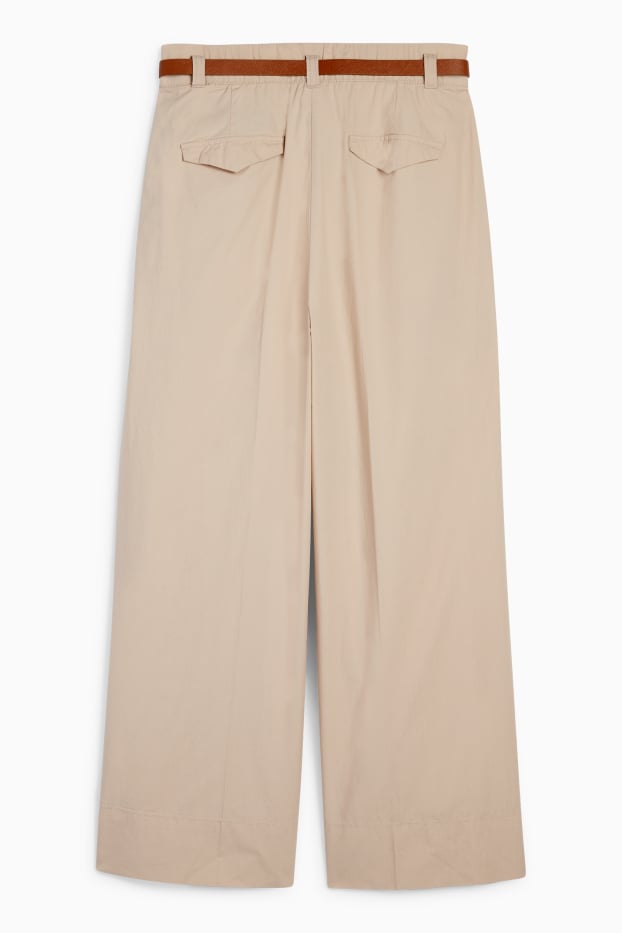 Dámské - Plátěné kalhoty s páskem - high waist - wide leg - taupe