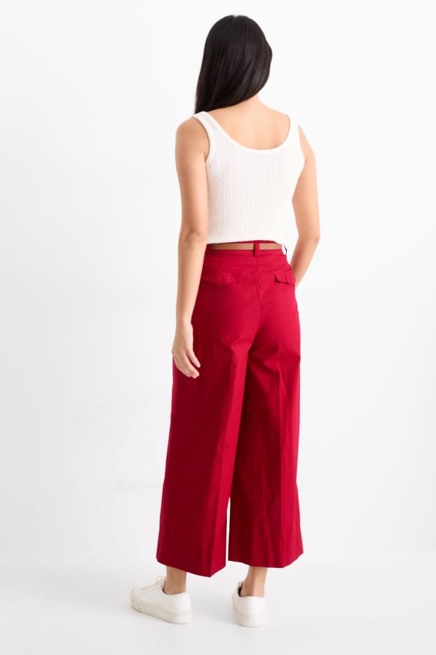 Dámské - Plátěné kalhoty s páskem - high waist - wide leg - tmavočervená