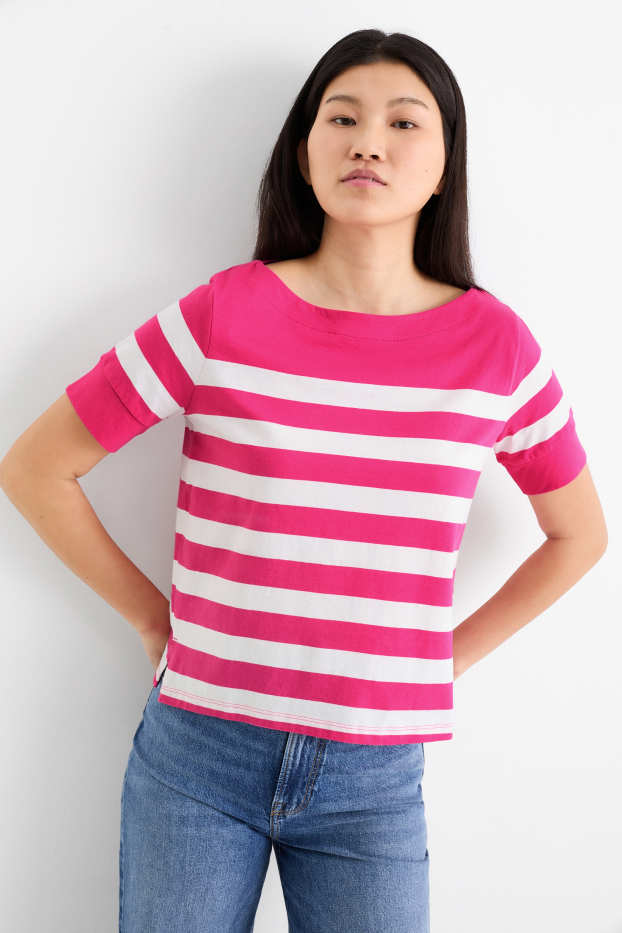 Donna - T-shirt - relaxed fit - a righe - fucsia