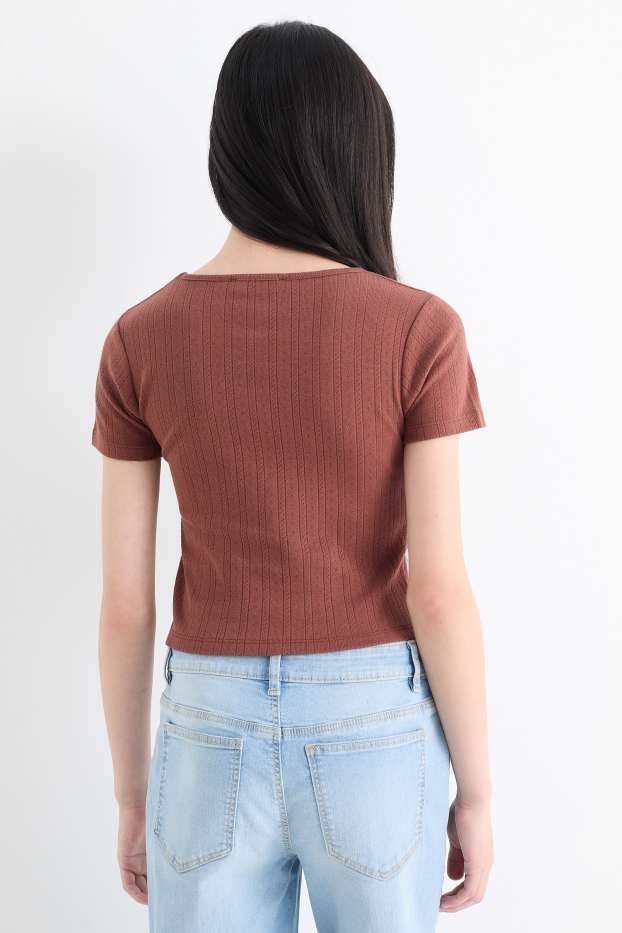 Kinderen: meisjes - T-shirt - geribd - donkerbruin