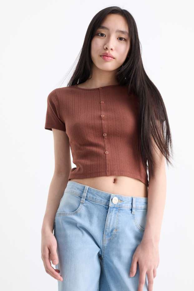 Kinderen: meisjes - T-shirt - geribd - donkerbruin