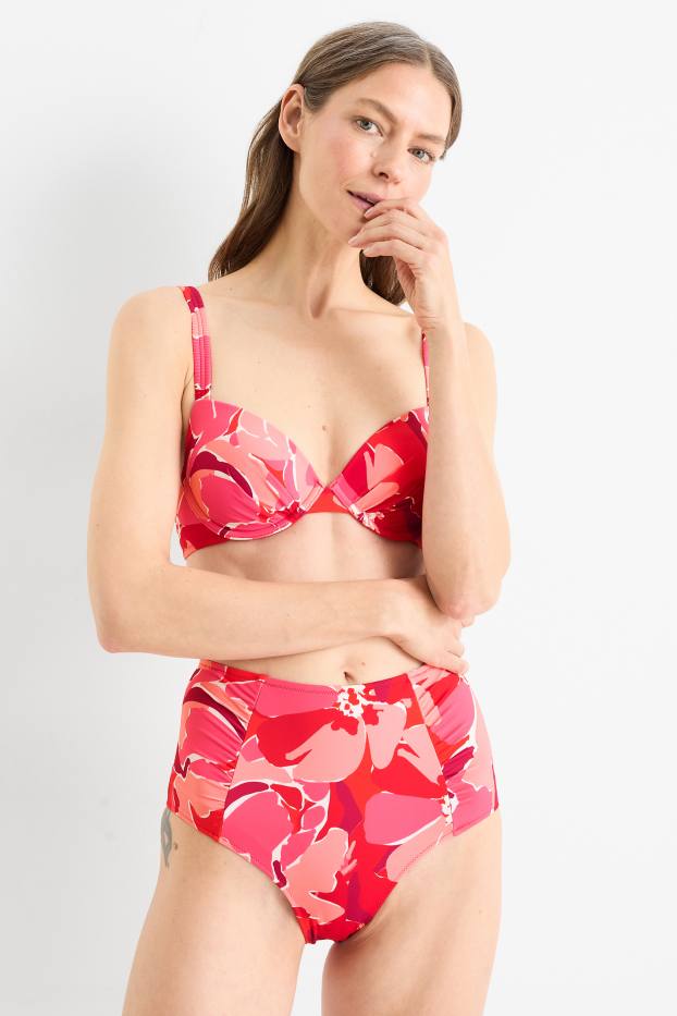 Damen - Bikini-Hose - High Waist - LYCRA® XTRA LIFE™ - geblümt - rot
