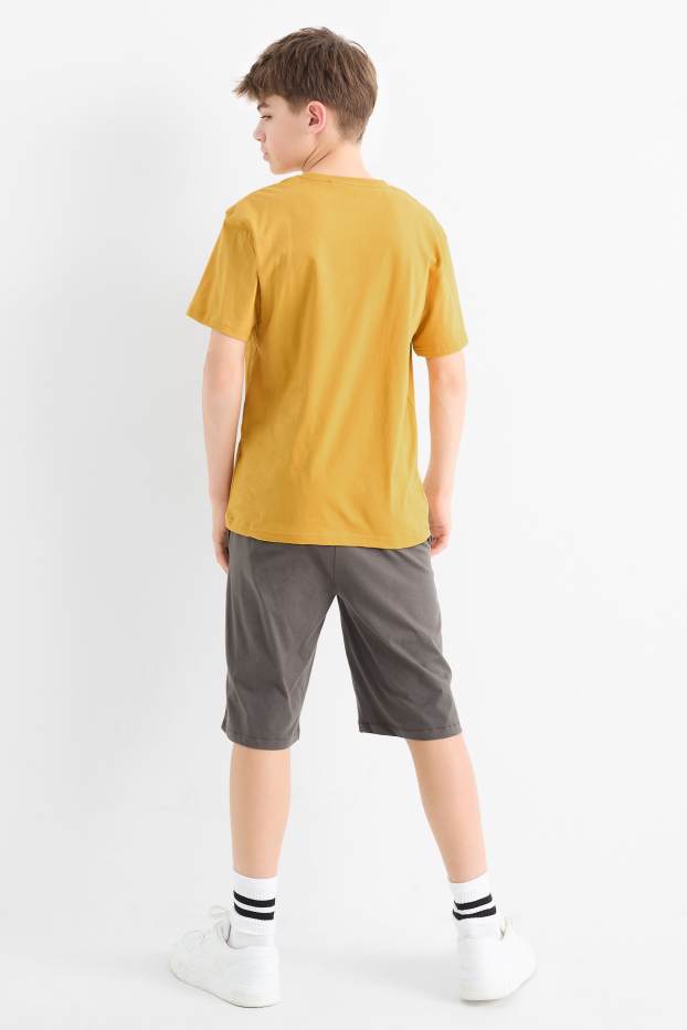 Kinder Buben - Skater - Set - Kurzarmshirt und Shorts - 2 teilig - braun / gelb