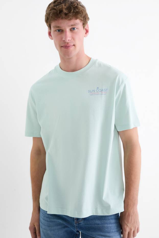 Pánské - Tričko - relaxed fit - světle tyrkysová