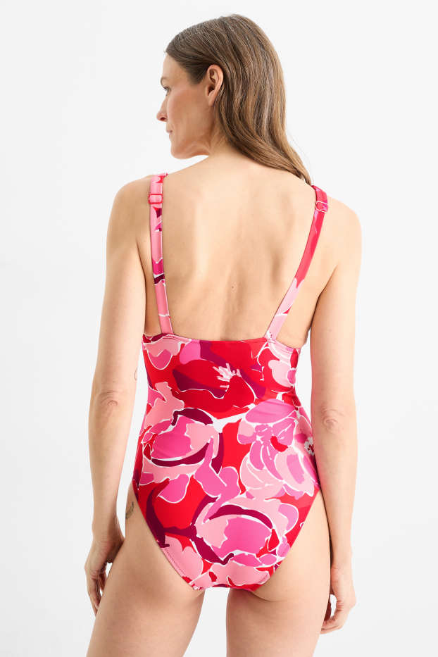 Femei - Costum de baie modelator - vătuit - LYCRA® XTRA LIFE™ - cu flori - roșu