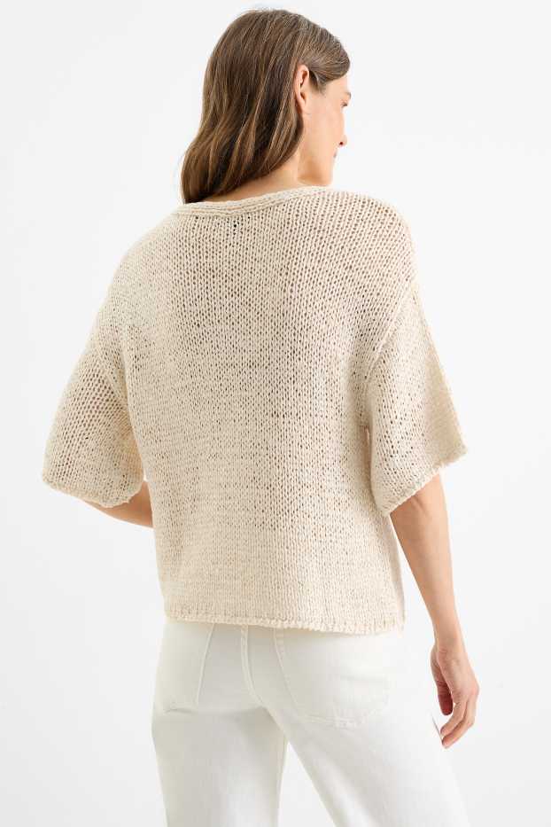 Femmes - Pull en maille avec encolure en V - manches courtes - beige clair