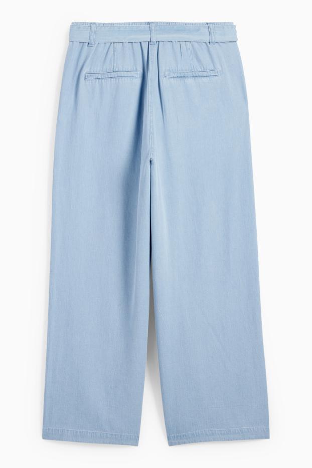 Women - Cloth trousers - high-rise waist - wide leg - denim look - denim-light blue