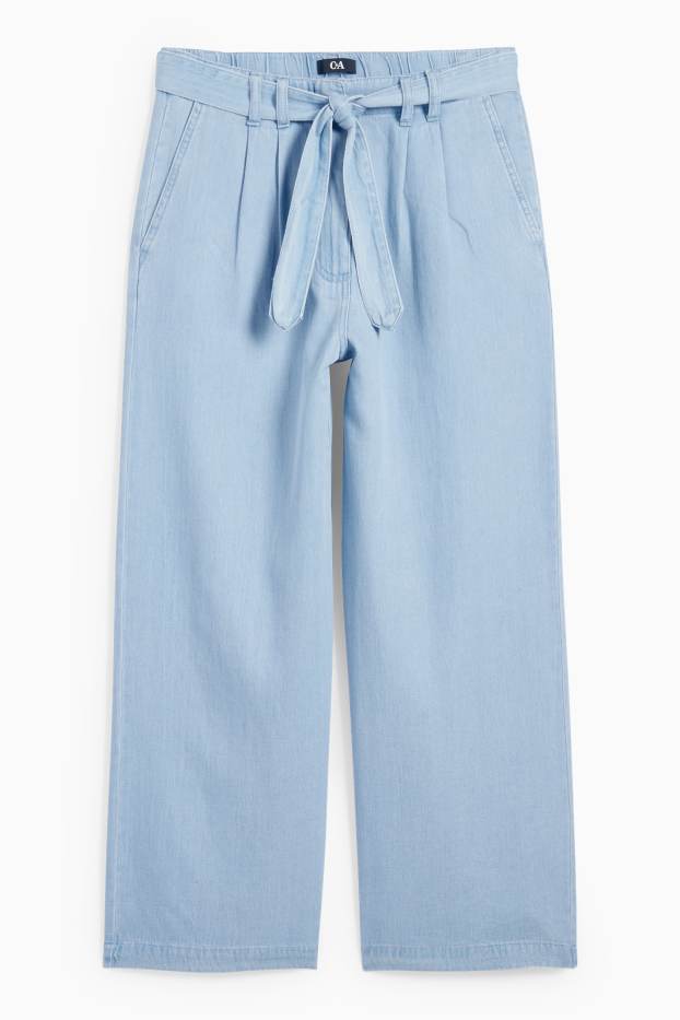 Women - Cloth trousers - high-rise waist - wide leg - denim look - denim-light blue