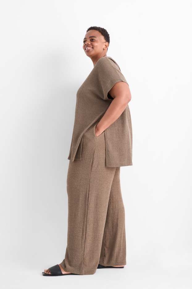 Dona - Pantalons de punt - mid waist - wide leg - texturats - marró