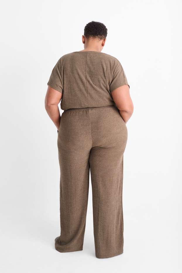 Dona - Pantalons de punt - mid waist - wide leg - texturats - marró