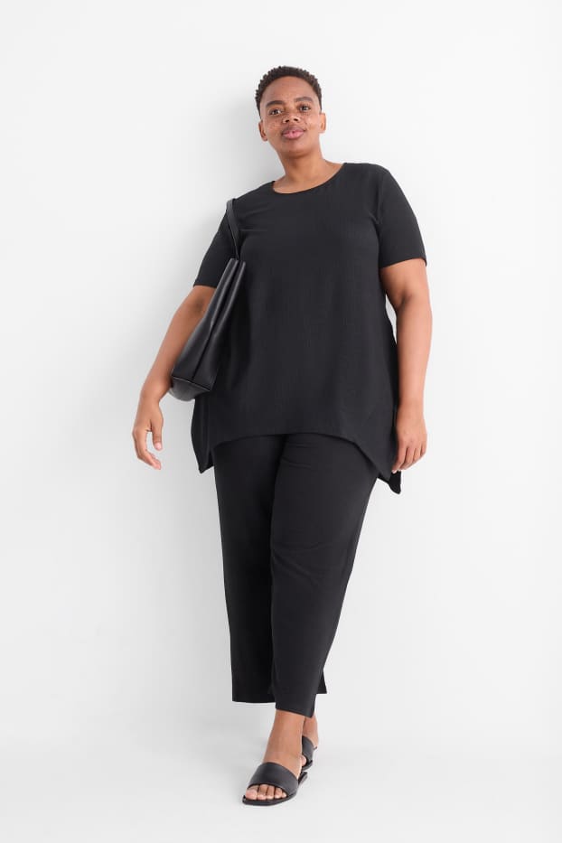 Femmes - Pantalon en jersey - mid waist - wide leg - finition texturée - noir