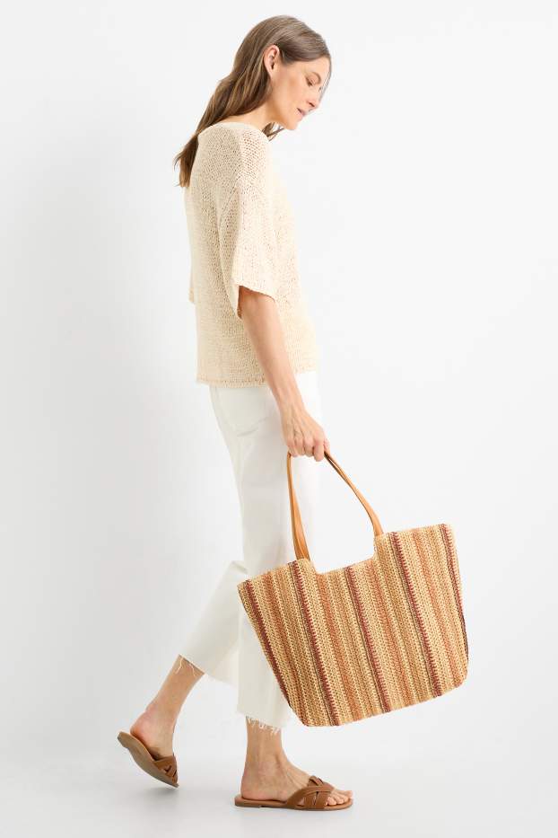 Donna - Shopper grande in paglia - a righe - beige