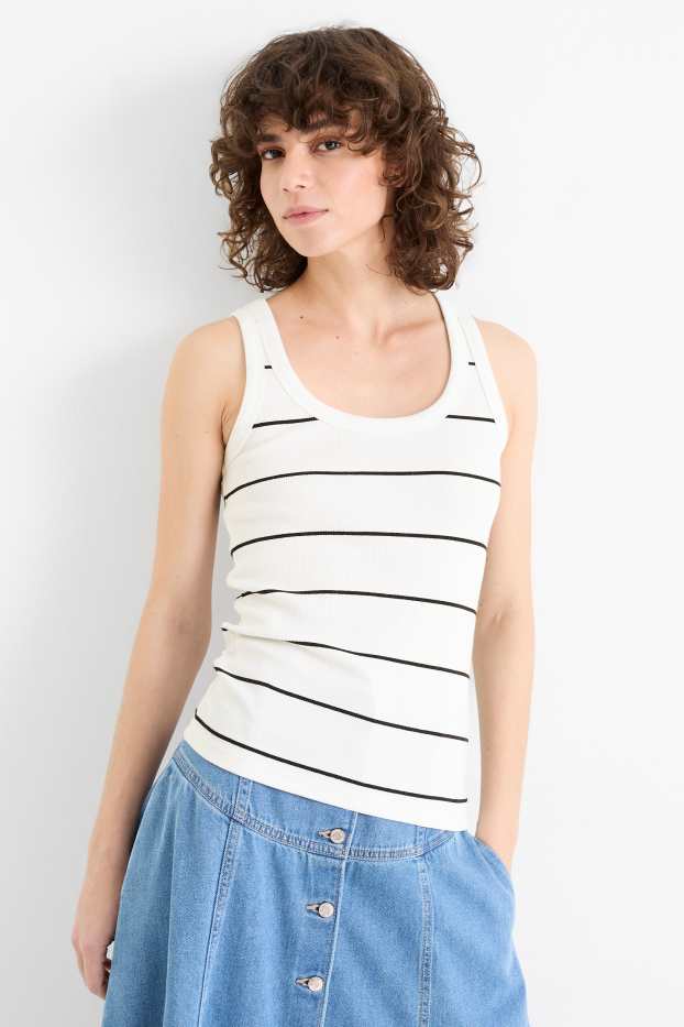 Donna - Top basic - a coste - a righe - bianco crema
