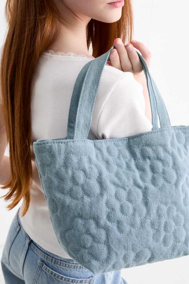 Kinder Mädchen - Kleiner Jeans-Shopper - geblümt - jeansblau