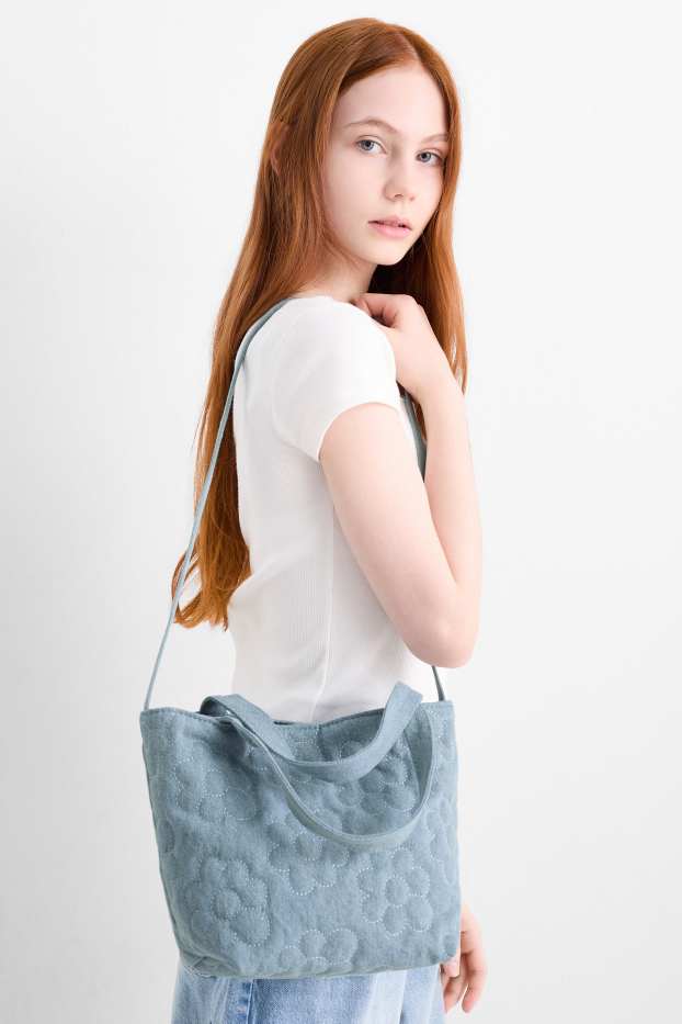 Kinder Mädchen - Kleiner Jeans-Shopper - geblümt - jeansblau