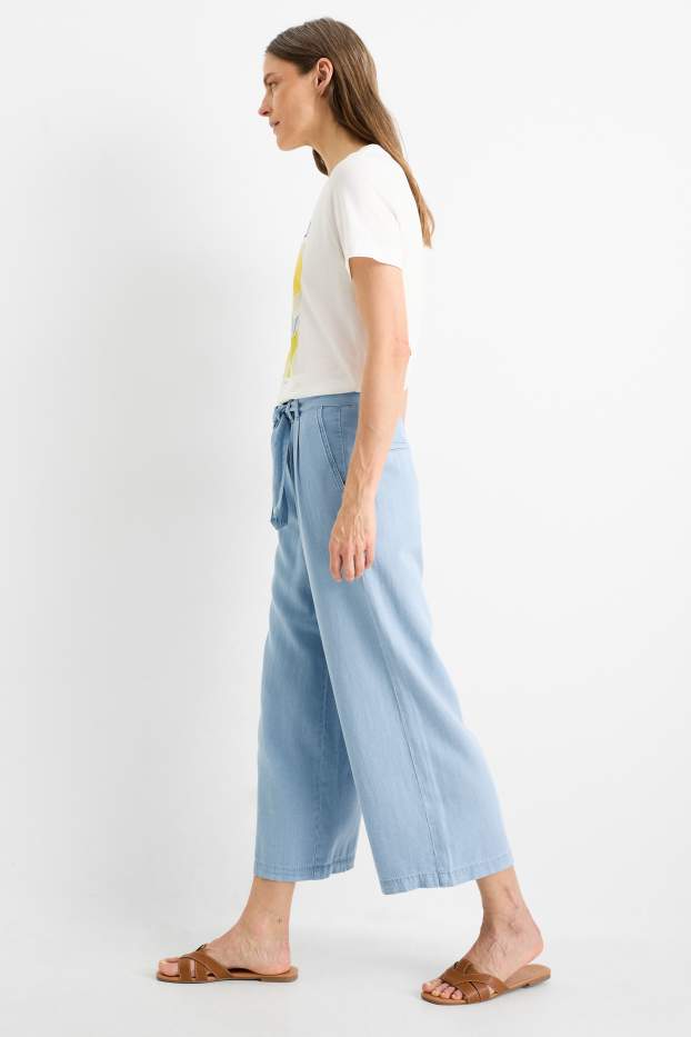 Women - Cloth trousers - high-rise waist - wide leg - denim look - denim-light blue