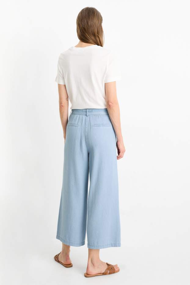 Women - Cloth trousers - high-rise waist - wide leg - denim look - denim-light blue