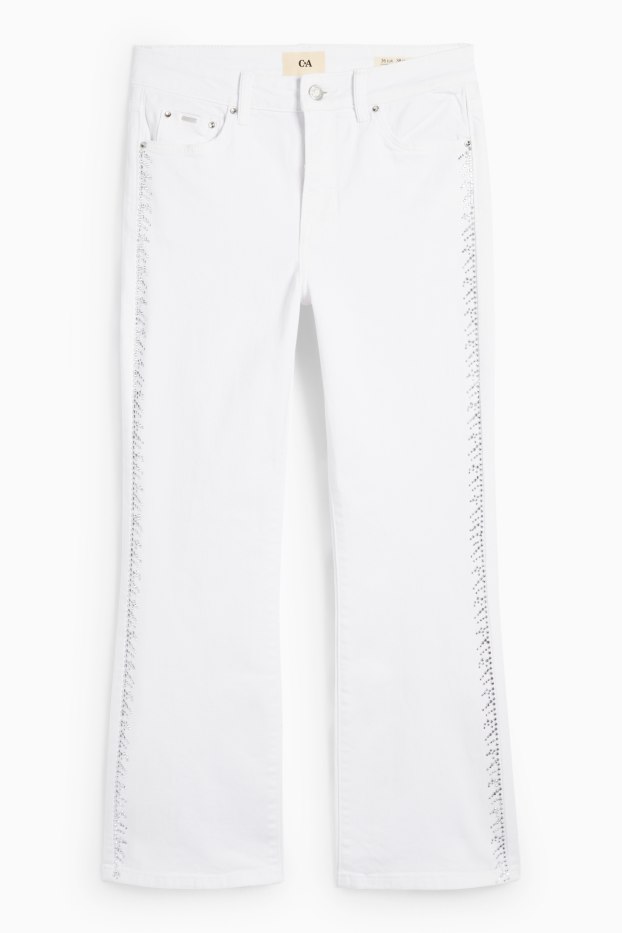 Women - Cropped bootcut jeans with rhinestones - mid-rise waist - white