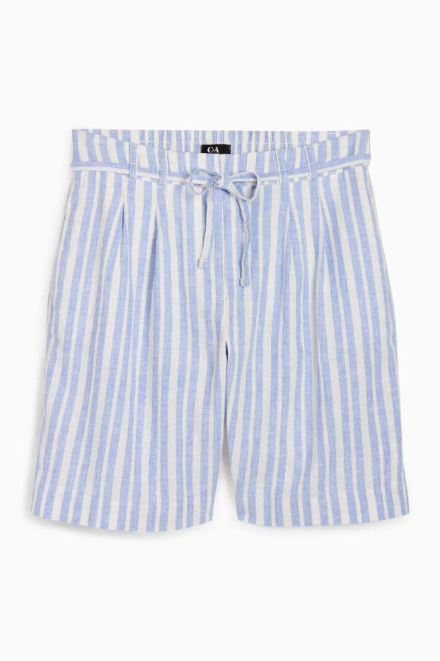Dames - Shorts - high waist - linnenmix - gestreept - wit / lichtblauw