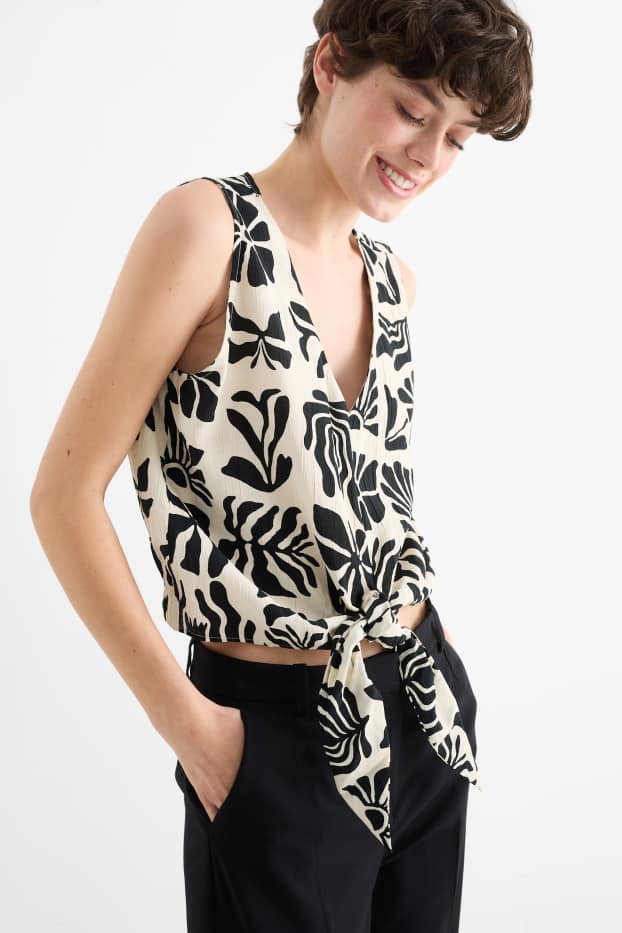 Femmes - Chemisier à col V et nœud - à motif - noir / beige