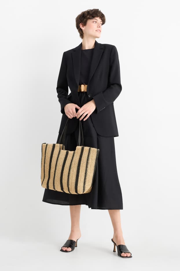 Dames - Grote shopper van stro - gestreept - zwart / beige