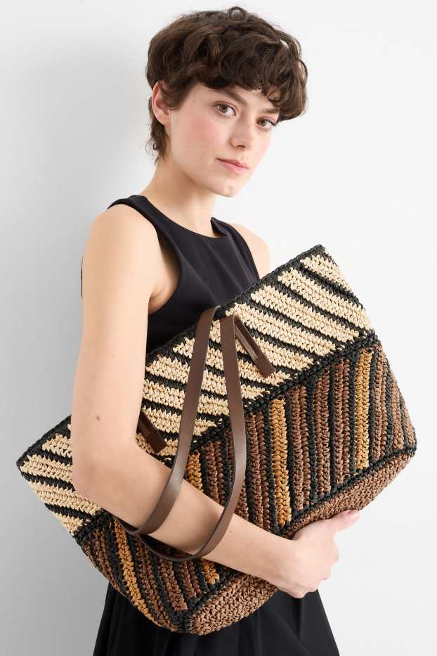 Donna - Shopper grande in paglia - righe - marrone scuro