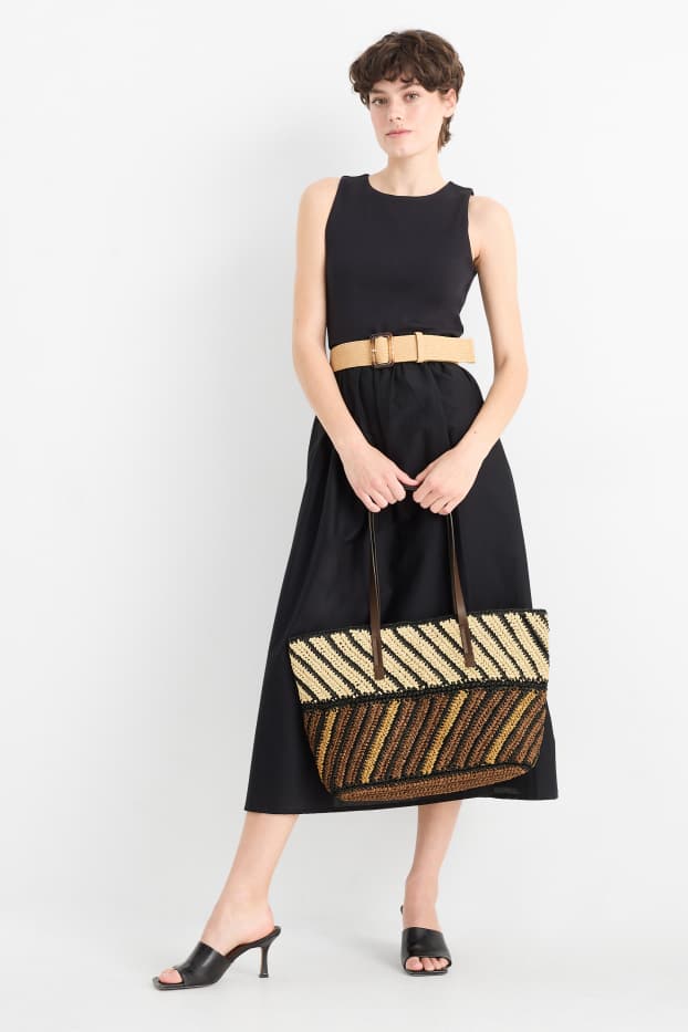 Donna - Shopper grande in paglia - righe - marrone scuro