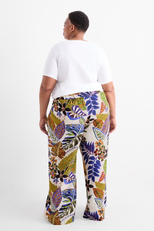 Dames - Pantalon - high waist - wide leg - gebloemd - licht beige
