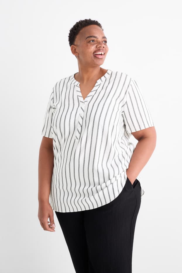 Women - V-neck blouse - striped - white / black