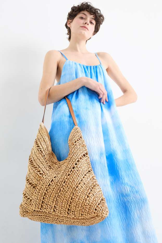 Dames - Grote shopper van stro - beige