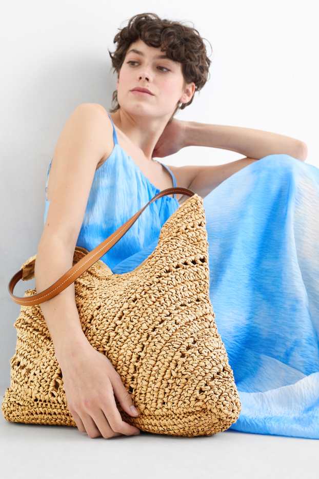 Dames - Grote shopper van stro - beige