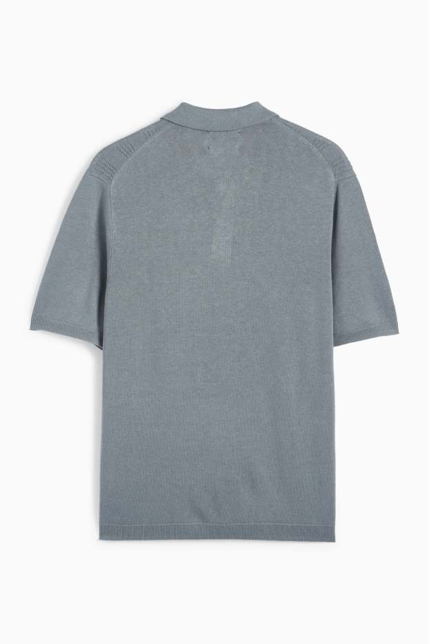 Pánské - Pletená polokošile s lněným podílem - regular fit - modrá