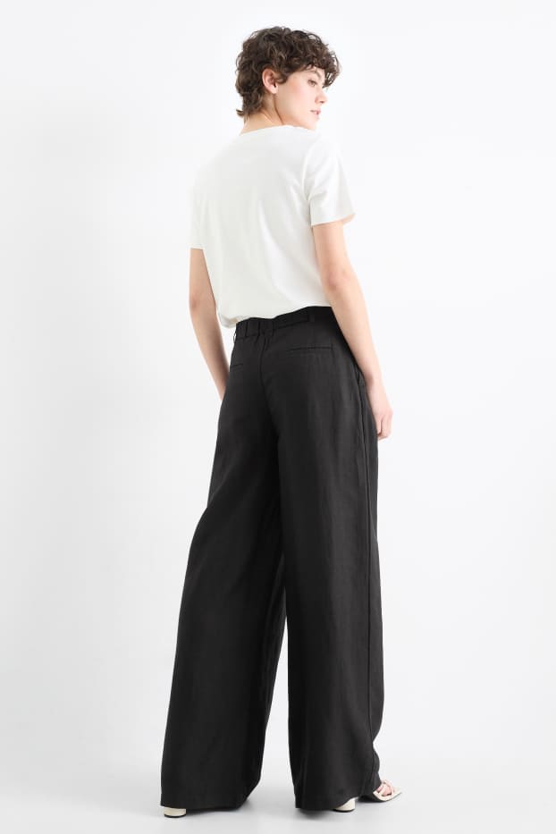 Donna - Pantaloni di stoffa - vita alta - gamba ampia - misto lino - nero