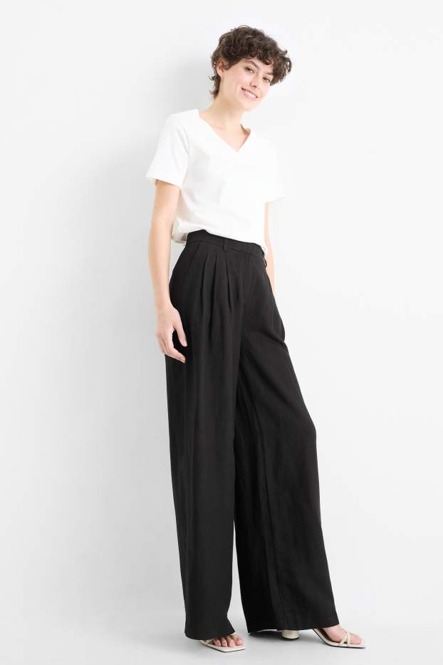 Donna - Pantaloni di stoffa - vita alta - gamba ampia - misto lino - nero