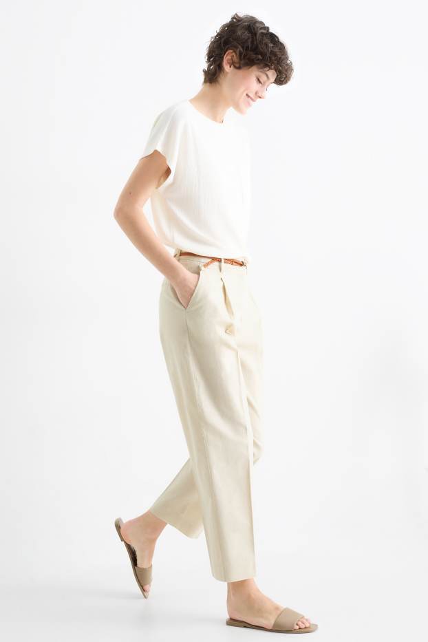 Femmes - Pantalon de toile à ceinture - mid waist - tapered fit - lin mélangé - beige clair