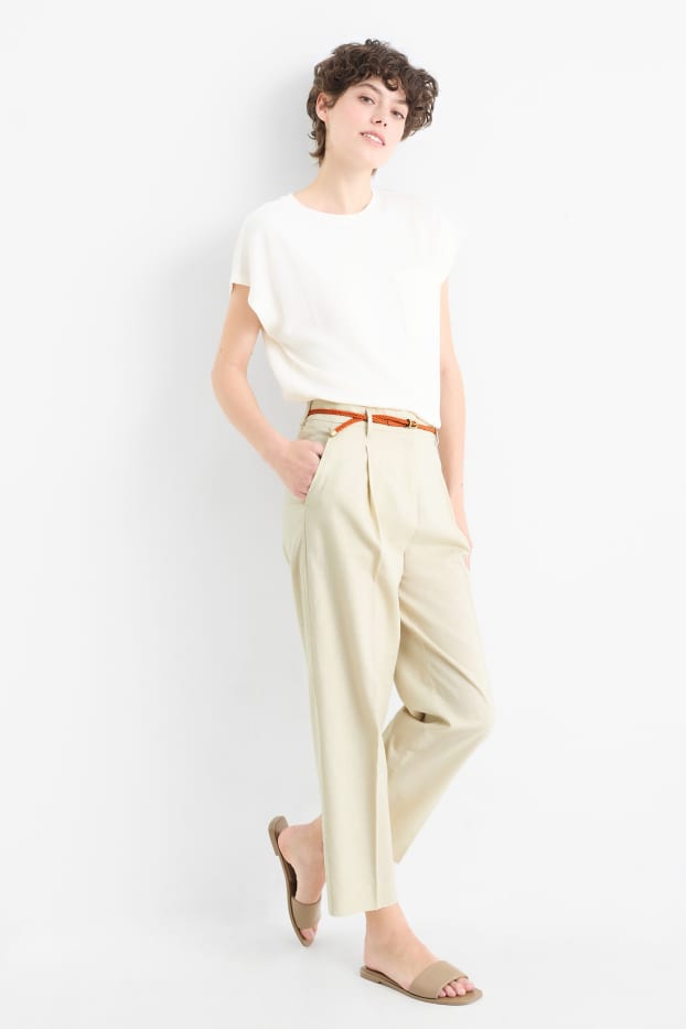 Femmes - Pantalon de toile à ceinture - mid waist - tapered fit - lin mélangé - beige clair