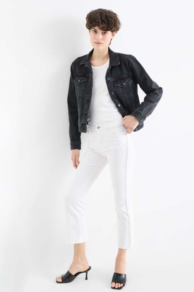 Women - Cropped bootcut jeans with rhinestones - mid-rise waist - white