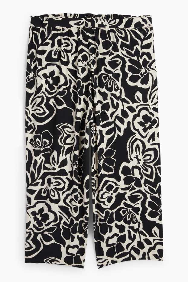 Dames - Pantalon - mid waist - wide leg - gebloemd - met structuur - zwart / beige
