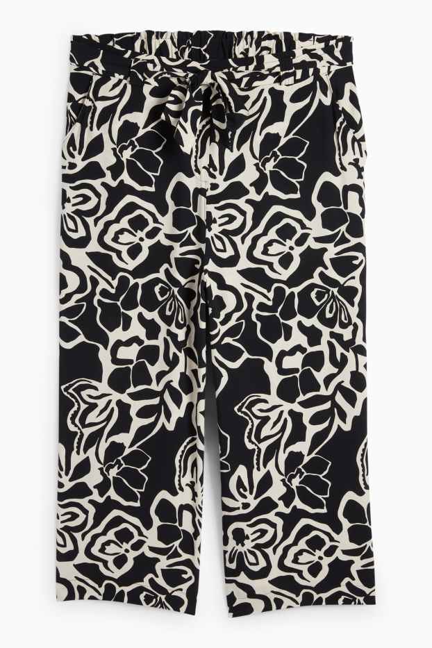 Dames - Pantalon - mid waist - wide leg - gebloemd - met structuur - zwart / beige