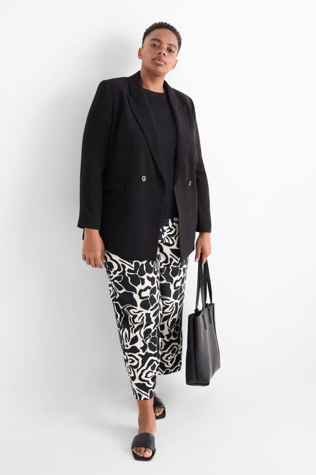 Dames - Pantalon - mid waist - wide leg - gebloemd - met structuur - zwart / beige