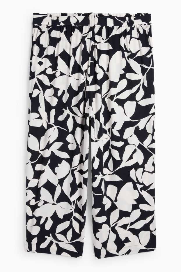 Dames - Pantalon - mid waist - wide leg - met patroon - met structuur - donkerblauw / crème wit