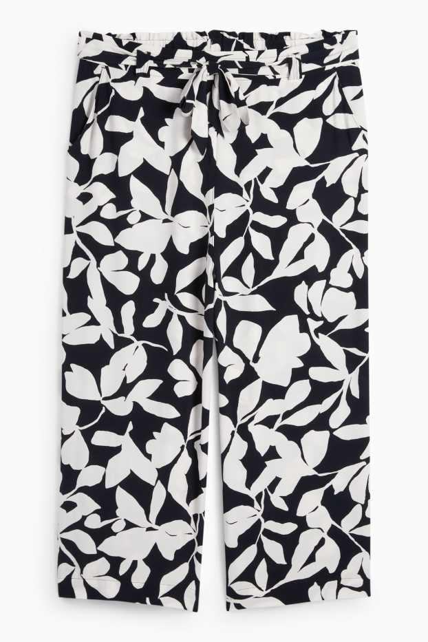 Dames - Pantalon - mid waist - wide leg - met patroon - met structuur - donkerblauw / crème wit