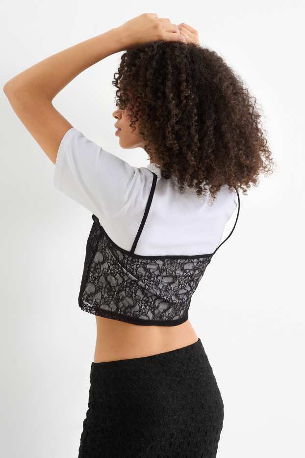 Dona - Samarreta de màniga curta crop - oversized - look 2 en 1 - blanc/negre