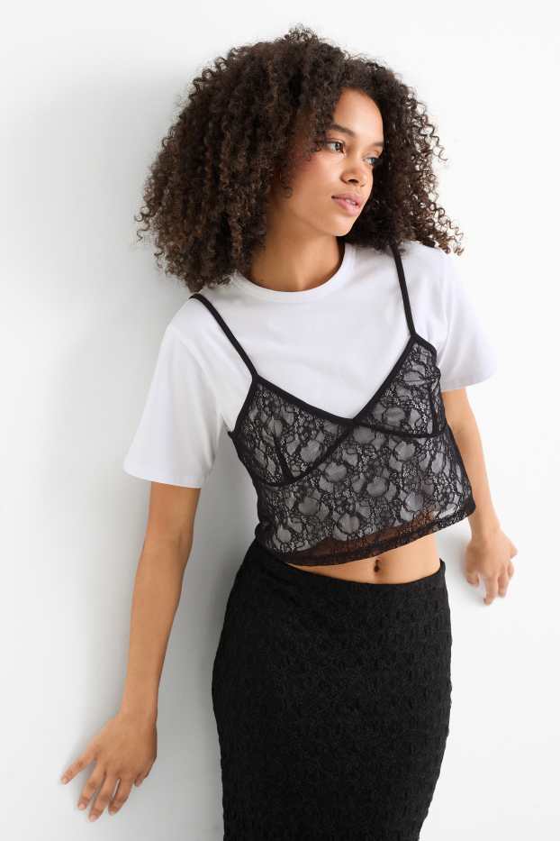 Dona - Samarreta de màniga curta crop - oversized - look 2 en 1 - blanc/negre