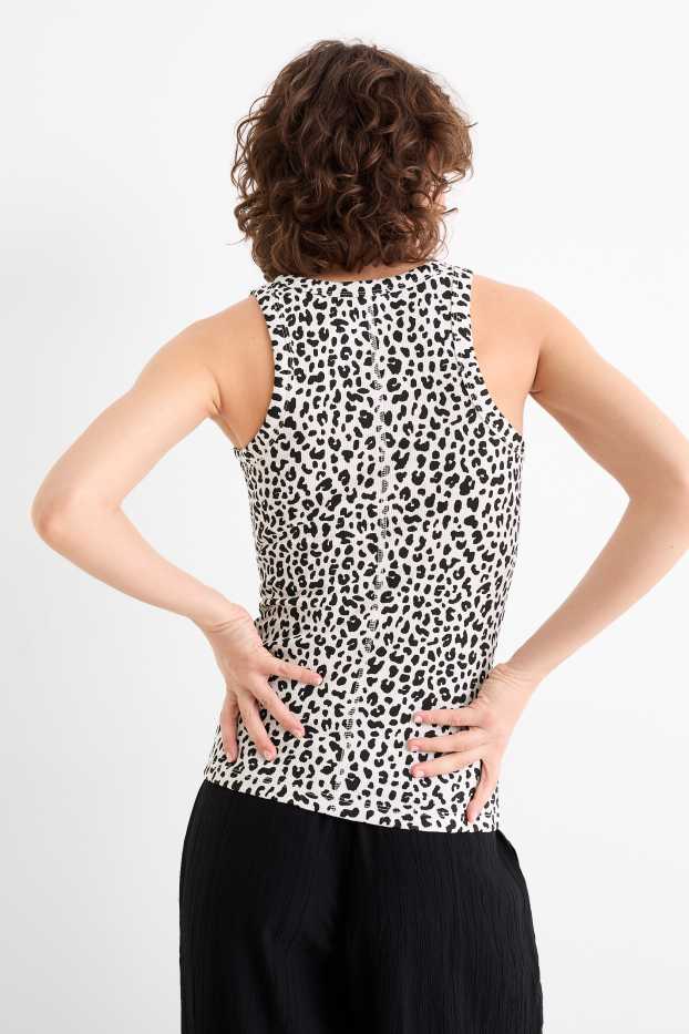 Dames - Basic top - luipaardvelprint - ribstof - zwart / wit