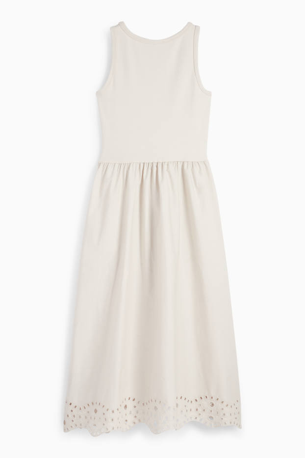 Damen - Fit & Flare Kleid - Broderie Anglaise - hellbeige
