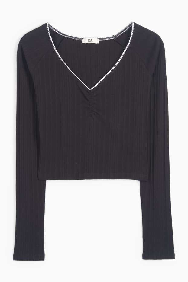 Dames - Korte longsleeve - geribd - zwart